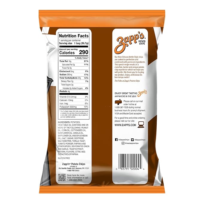 Zapp’s New Orleans Kettle-Style Potato Chips Mesquite BBQ Flavor (2 oz Bags, 25 Count), Crunchy Chips with a Spicy Kick, Perfect On-The-Go, Gluten Free Snack