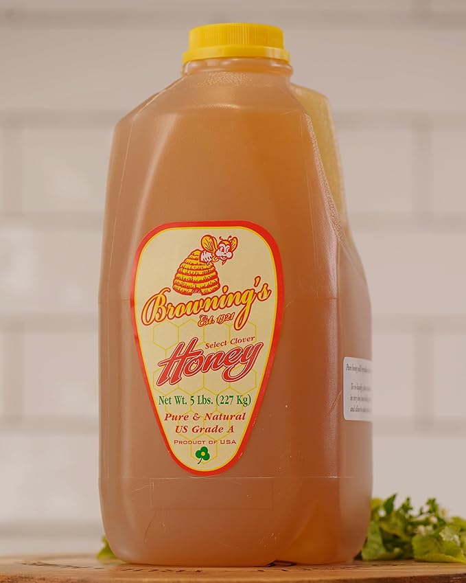 Browning's Honey Jug - Pure Raw Clover Honey, Natural Sweetener, Unfiltered and Unpasteurized, Perfect for Cooking, Baking, and Beverages (5 lb Jug)