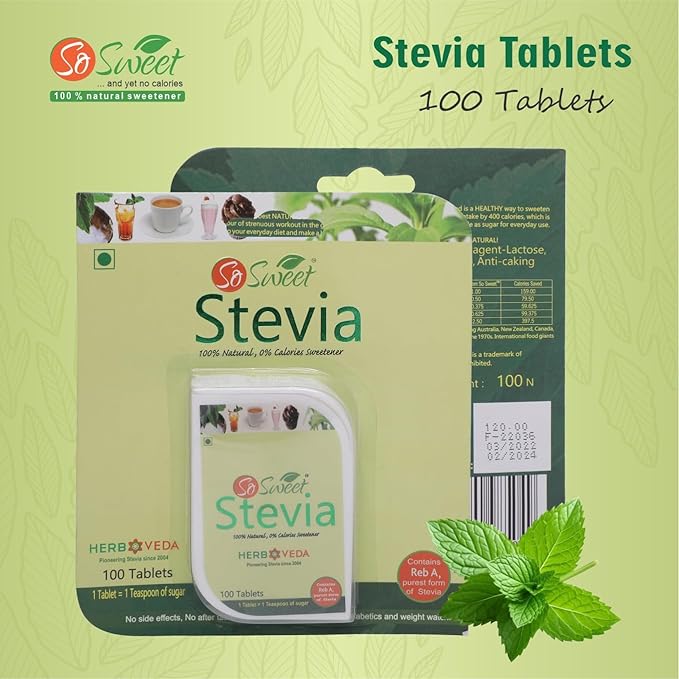 So Sweet Stevia 100 Tablet - Natural Sweetener, Zero Calories, Keto-Friendly, Organic Sugar Substitute, No Artificial Flavors, Convenient Travel Size