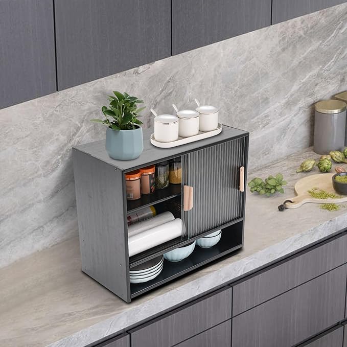 Small Bamboo Kitchen Pantry Sideboard, Freestanding Countertop Storage Cabinet with 2 Acrylic Doors Black Storage Shelf, Sliding Pantry Cabinet for Home Bar, Coffee Bar