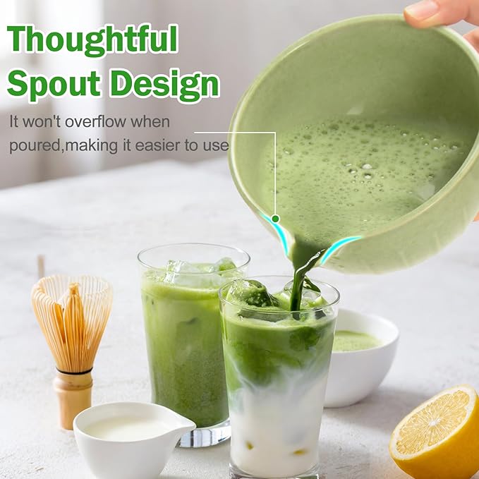 MONOJOY Matcha Whisk Set Ceramic Bowl Kit with Spout, Bamboo Chasen and Holder, Scoop Rest,Sifter Tea Towel Ceremonial Cute Matcha Tea Making Tool,Gift Perfect for Latte Lovers | Beginners,7pcs