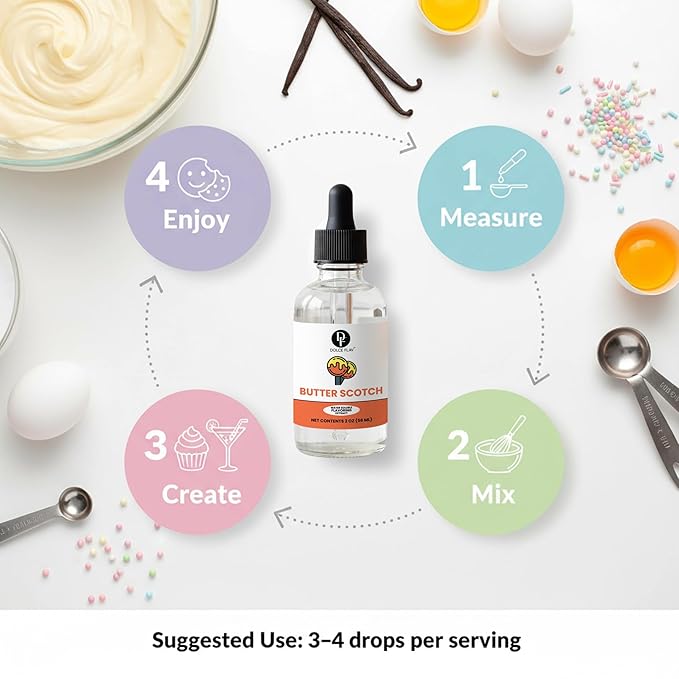 Dolce Flav Natural Butterscotch Extract 2 oz – Kosher, Sugar-Free, Concentrated Rich Butterscotch Flavoring for Baking, Beverages & Desserts, Includes Measured Dropper