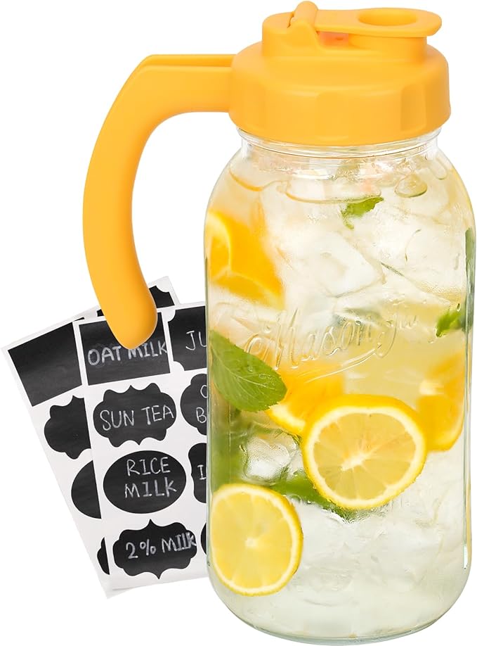 Soligt Glass Mason Jar Pitcher with Lid, Wide Mouth Flip Cap Pour Spout Leak-proof Lid with Handle, 64 oz (2 Quart /1.9 Liter), for Sun Tea/Iced Tea/Juice/Cold Brew Coffee/Milk (1 Pack, Vivid Yellow)