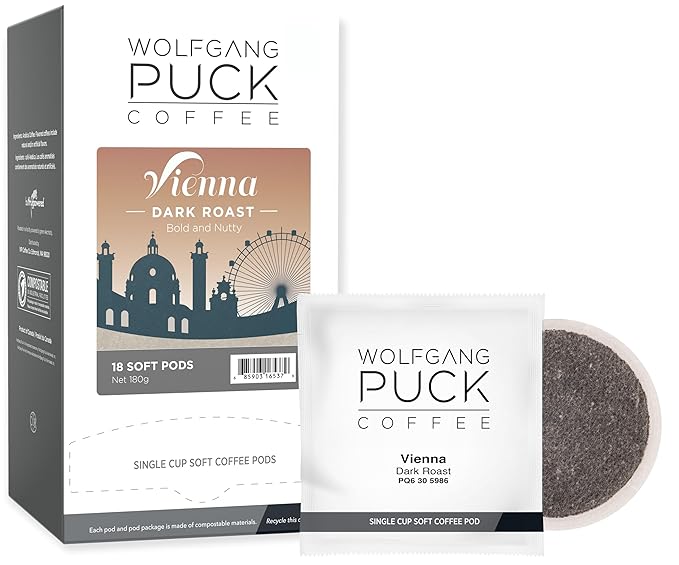 Wolfgang Puck Coffee, Vienna Coffee House, 9.5 Gram Soft Pods, 18 Count (Pack of 6)