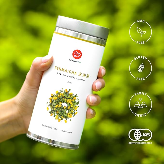 Senbird Premium Genmaicha With Matcha - Japanese Brown Rice Green Tea With Matcha - From Kyoto, Japan - Loose Leaf Tea In Airtight Tea Tin (3.5oz/100g)