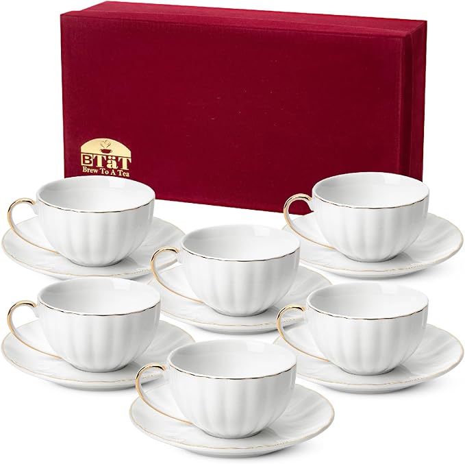 BTaT- White Tea Cups and Saucers with Gift Box, 7oz, Set of 6 Tea Cups Set of 6 with Gold Rim, Christmas Gifts