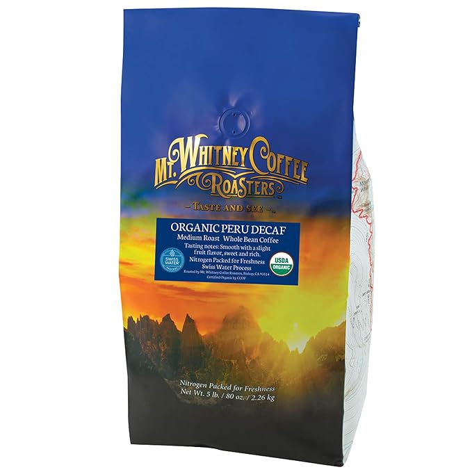 Mt. Whitney Organic Swiss Water, Low Acid, Decaf Coffee from Peru (Whole Bean, 5 Lb)