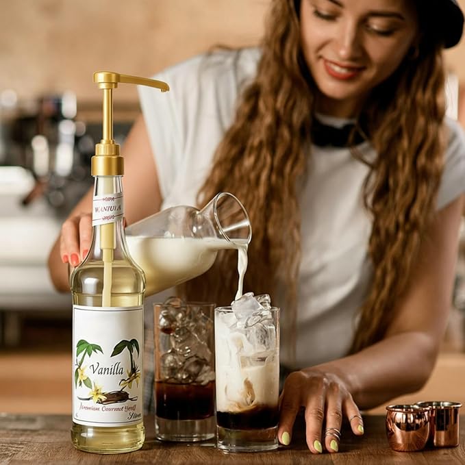 Nuogo 5 Pcs Coffee Syrup Pump Compatible with Monin 750ml (25.4 Fl Oz) Glass Bottles Flavor Syrup Pump Dispenser with Tip Covers (Gold)