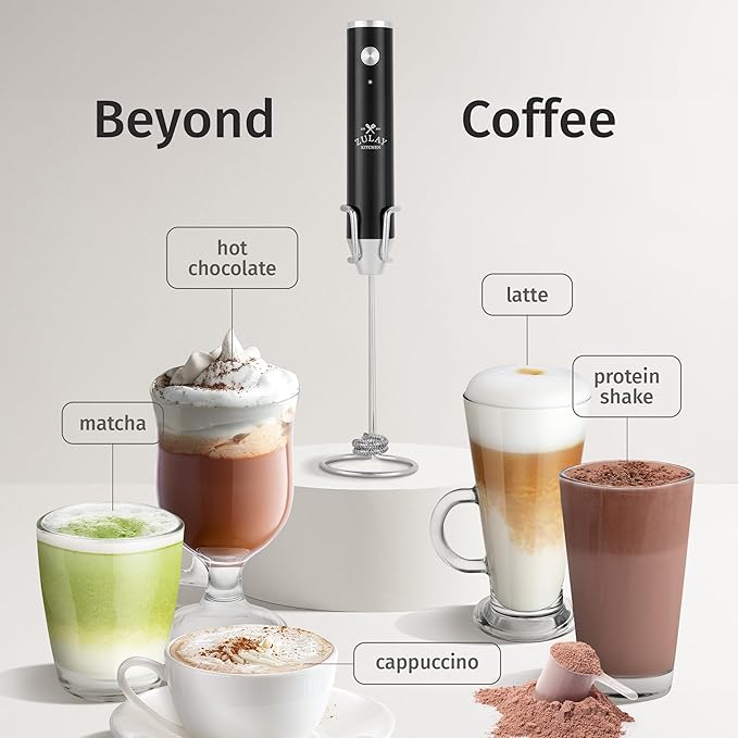 Zulay Kitchen Lux Electric Milk Frother Rechargeable Handheld - Powerful 2-Speed Motor, Waterproof, 2000mAh Battery - Drink Mixer for Latte, Cappuccino, Matcha & Protein Powder - Obsidian Black