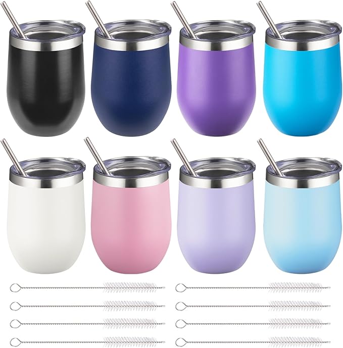 12 oz Insulated Wine Tumbler with Lid and Straw,Stainless Steel Stemless Wine Tumbler Double Wall Vacuum Wine Cups Tumbler Bulk for Coffee,Champaign,Cocktail,Office (Multicolor,8)