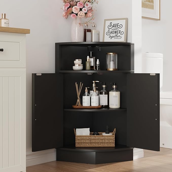 Corner Bathroom Cabinet, Modern Small Corner Cabinet with Fluted Door and Open Shelf, Space Saver for Bathroom, Living Room, Kitchen, Black