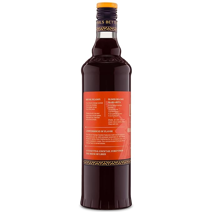 Liber & Co. Blood Orange Cordial - Craft Cocktail Mixer Made with California Moro Blood Oranges & Cold-Pressed Essential Oil - Perfect for Margaritas, Spritzes & Mocktails - Makes 50 Drinks (25.4 oz)