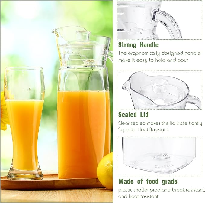 4 Pcs Acrylic Water Pitcher with Lid, Spout Handle Clear Plastic Pitcher Heat Resistant Carafe Unbreakable Beverage Container Fridge Jug for Juice Ice Tea Sangria Lemonade(54 oz,Diamond)