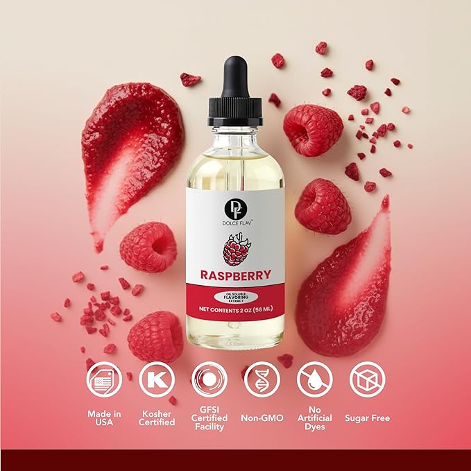 Dolce Flav Raspberry Extract – 2 Ounce Oil-Soluble Kosher, Sugar-Free, Concentrated Raspberry Flavoring for Chocolates, Candies & Baking, Includes Measured Dropper