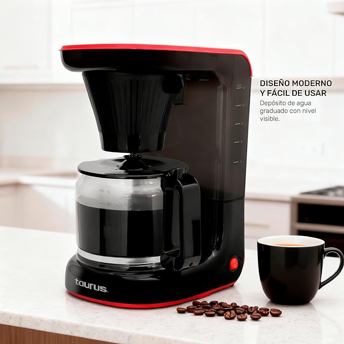 Taurus Velvet 12-Cup Drip Coffee Maker, Glass Carafe, Modern Compact Design, Non-Programmable, Easy-Clean Reusable Filter, Auto Shut-Off, Black