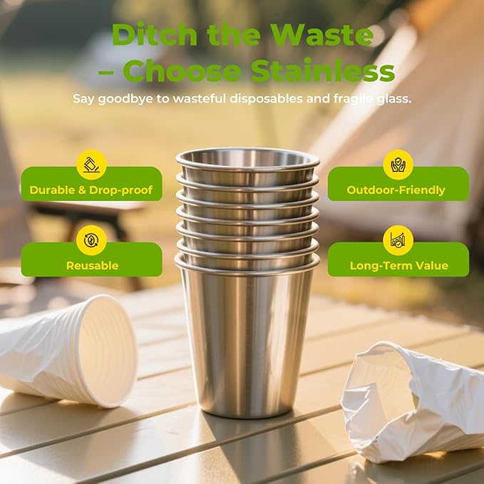 8 Pack 8oz Stainless Steel Cups, Stainless Steel Stacking Beer Pint Cups, Stainless Steel Water Tumbler for Home, Party, Camping, Outdoor, Stackable Drinking Glasses, Reusable, BPA Free