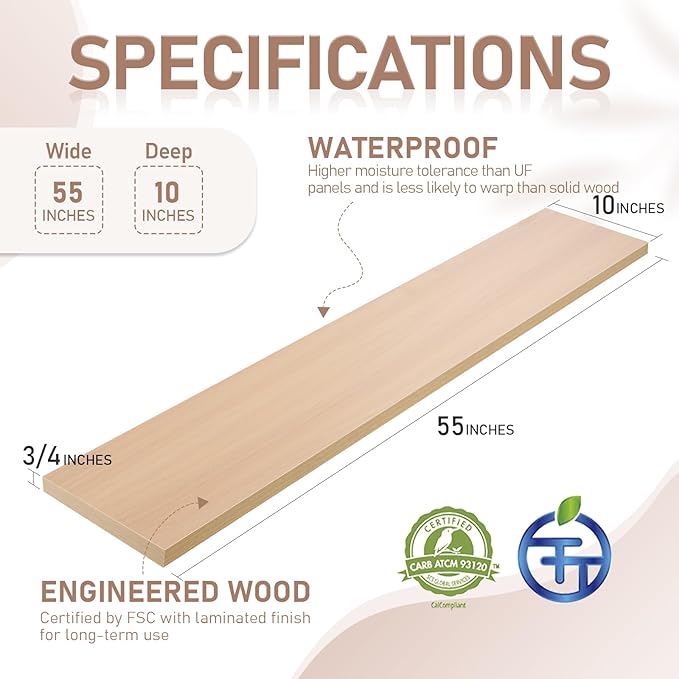 Kaboon 55 inch Long 10 inch Deep Floating Shelves for Wall Set of 2, Large Open Shelves Wall Mounted, Space Saving Home and Commercial Use, Light Walnut