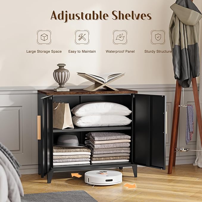 Letaya Metal Storage Cabinet with 2 Doors and Shelves 16" Dx 32" Wx30 H,Small Buffet Sideboard Short Cabinet for Kitchen Dining,Office Credenza Locker Modern Coffee Bar,Entryway Bathroom(Black)