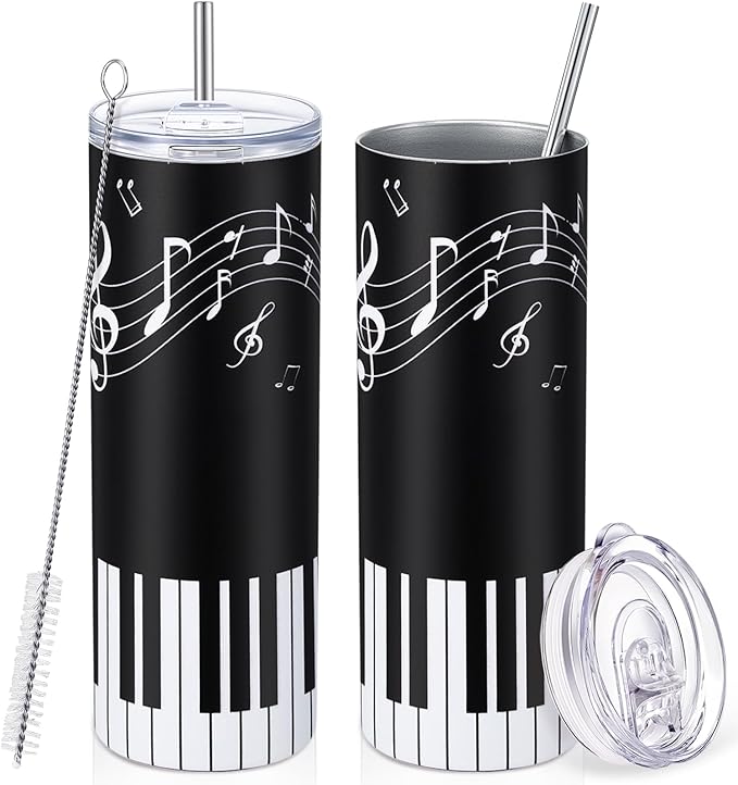 Umigy 2 Pieces Piano Gift Tumbler with Lid Straw and Brush, 20 oz Musical Notes Travel Mug Stainless Steel Coffee Mug for Christmas Music Lovers Singers Teacher Birthday Gifts