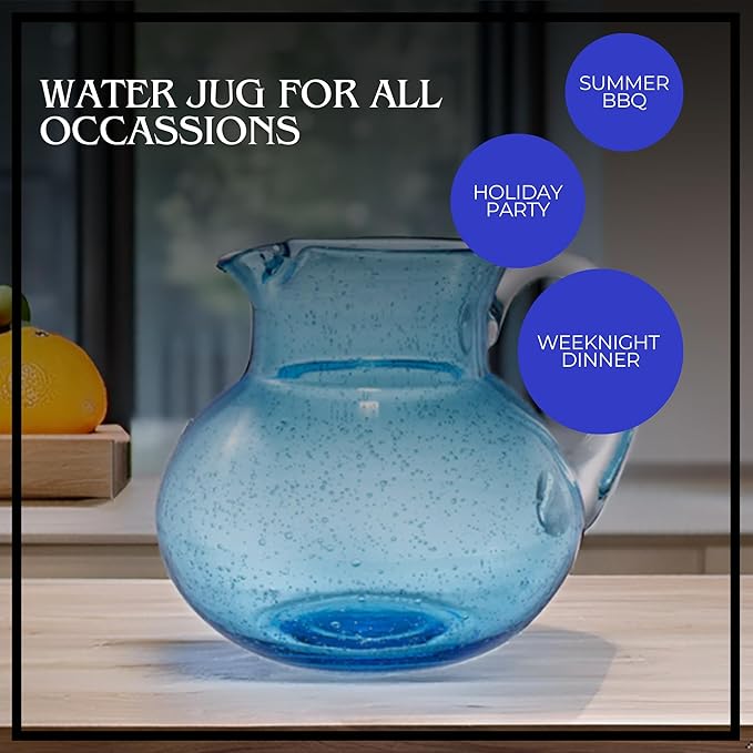 Artland Iris 90 Oz Handblown Glass Pitcher - Bubble Shape, Lead-Free - Versatile Drink Dispenser for Water, Juice, Cocktails - Enhanced Kitchen Decor, Dishwasher Safe (Turquoise)