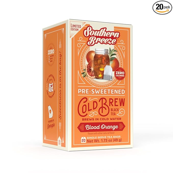 Southern Breeze Cold Brew Sweet Tea Blood Orange Iced Tea with Black Tea and Zero Carbs Zero Sugar, 20 Individually Wrapped Tea Bags Southern Sweet Tea Iced Tea Beverage
