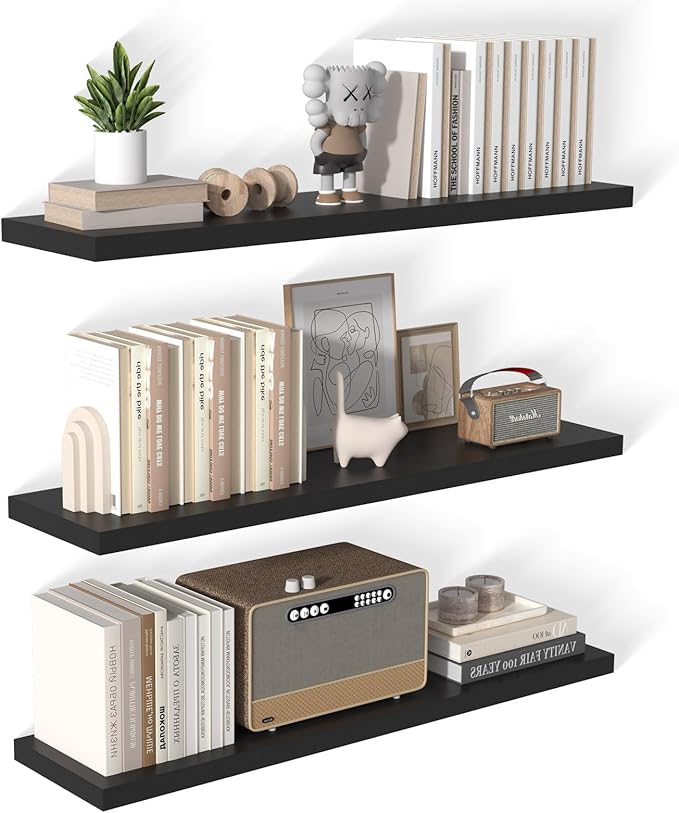 12 Inch Deep Floating Shelves for Wall 3 Pack Floating Shelfs Large Storage Space Wall Decor Display Shelf for Bathroom Living Room Bedroom Kitchen 48" W x 12" D x 1.2" H Black