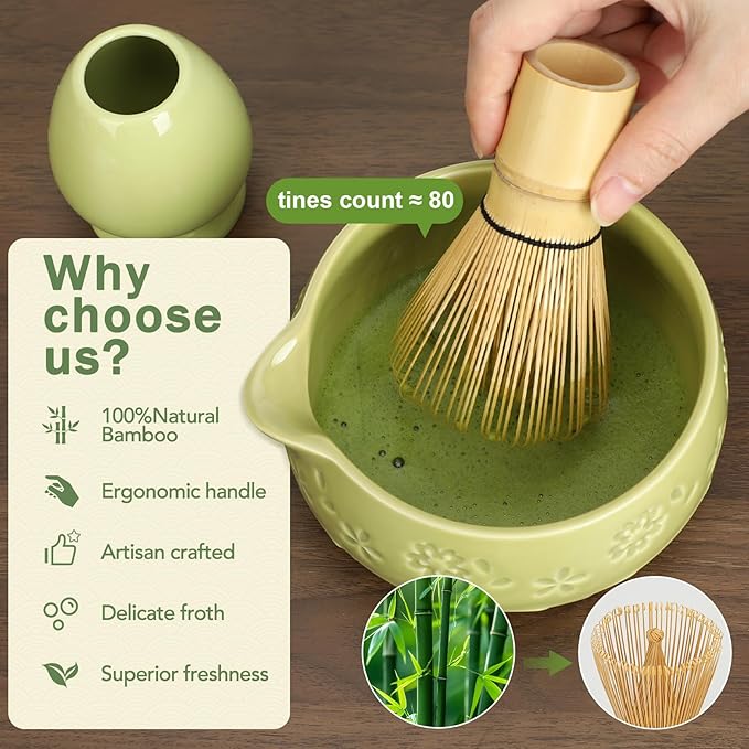 Matcha Whisk Set, Ceramic Bowl with Spout, Bamboo Matcha Whisk & Spoon, Chasen Holder, Scoop Rest, Sifter, 8-Pcs Japanese Ceremony Matcha Powder Kit–Christmas Gift for Women-Matcha Green