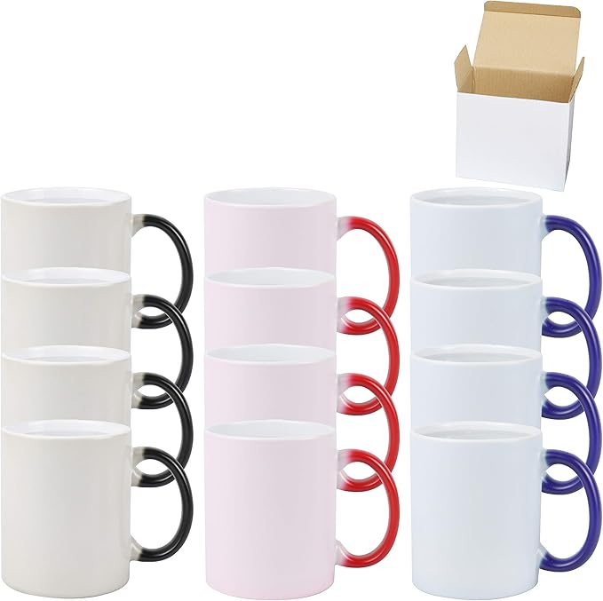 Ceramic 15oz Sublimation Coffee Mug in White Box, Color Changeable 3 Assorted Colors, Case of 24