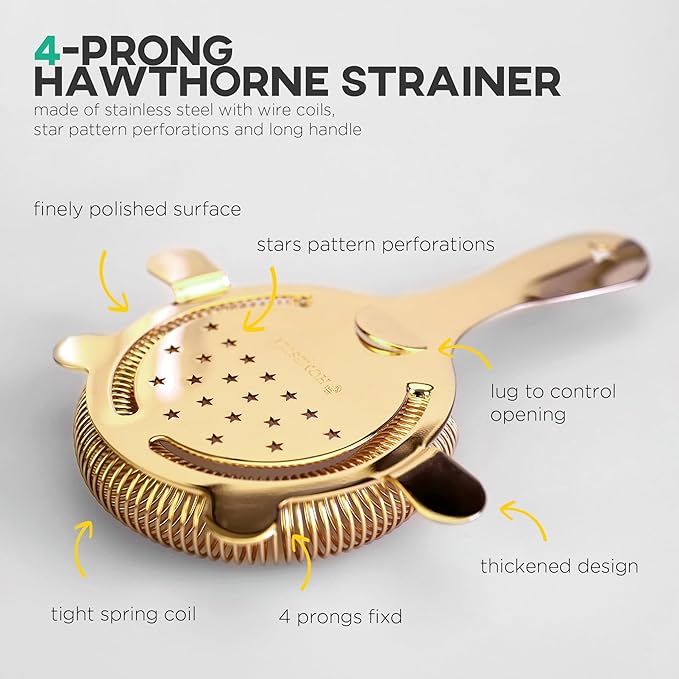 Homestia Hawthorne Cocktail Strainer - Stainless Steel Bar Strainer for Bartending, Bar Tool Drink Strainer for Bartenders and Mixologists, Martini Strainer for Boston Shaker Mixing Glass (Gold)