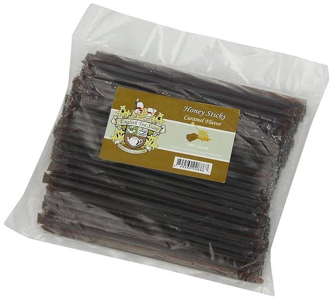 English Tea Store All-Natural Honeystix With Gluten-Free Grade A Honey | Mini Honey Sticks For Tea, Cake Pops Or Snacks | Portable Sweet Treat | Caramel Flavored Honey Sticks - 100 Ct