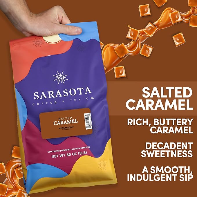 Sarasota Coffee Whole Bean Salted Caramel | Medium Roast Gourmet Flavored Coffee Beans | Low Acid, Mold Free, Specialty Grade Bulk Beans | 5lb (80 oz)