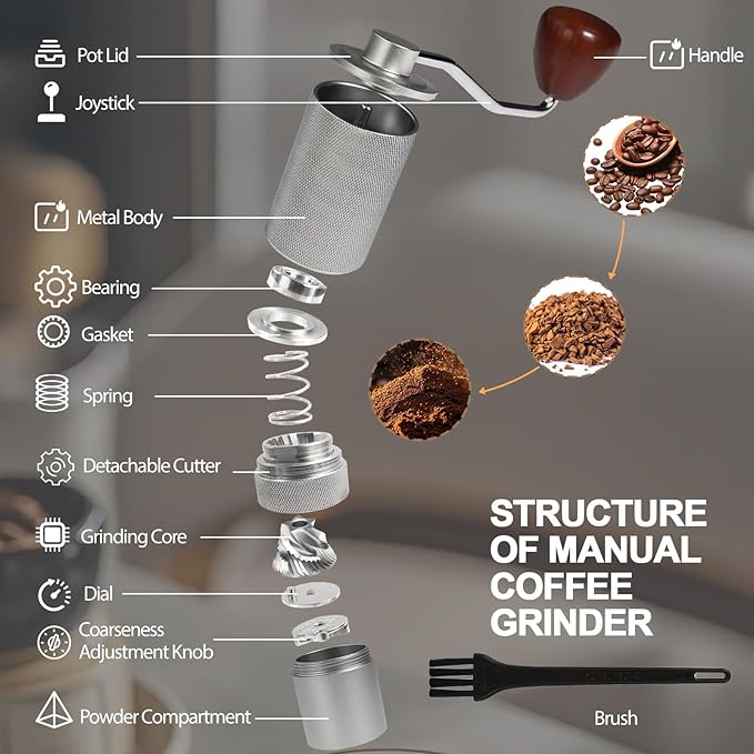 Detachable Manual Coffee Grinder with 25 Level Stainless Steel Conical Burr Portable Aluminum Coffee Bean Grinder Suitable for Moka Pot Espresso French Press Pour Over Maker Easy Cleaning with Brush