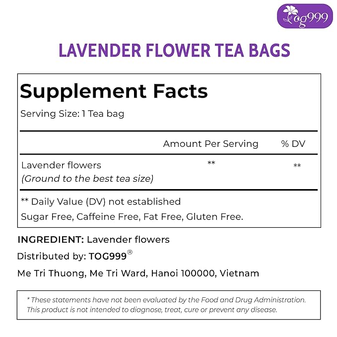 TOG999, Premium 30 Lavender Flower Tea Bags, 100% Natural & Pure. Loose Flower Lavender Herbal Tea. No Sugar, No Caffeine, No Gluten, Vegan.