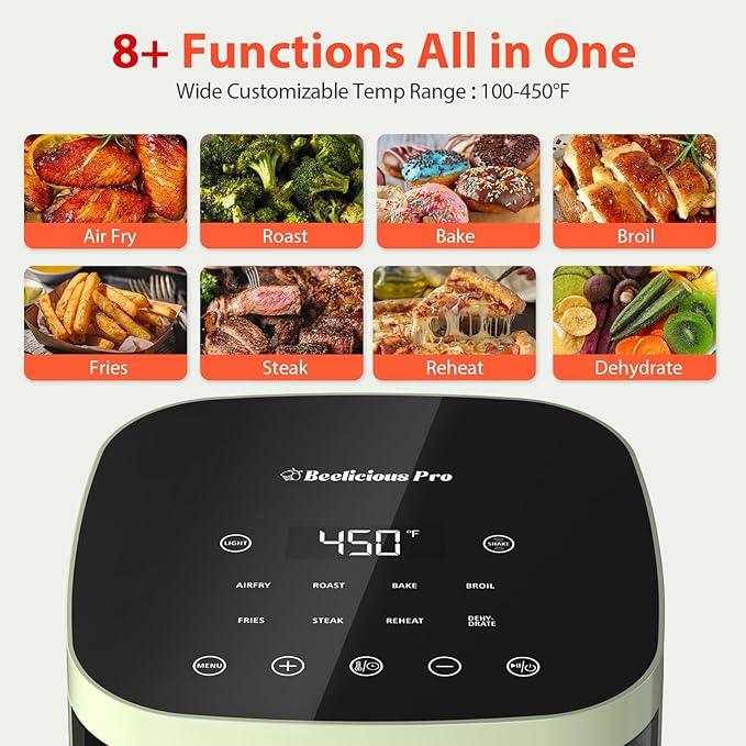 Air Fryer, Beelicious 8-in-1 Smart Compact 4QT Air Fryers with Viewing Window, Shake Reminder, 450°F Digital Airfryer with Flavor-Lock Tech, Dishwasher-Safe & Nonstick, Fit for 1-3 People, Avo Green