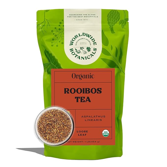 Worldwide Botanicals Organic Red Rooibos Tea – 8oz - 100% South African Aspalathus linearis – Loose Leaf, Cut and Sifted - Resealable Bag for Freshness