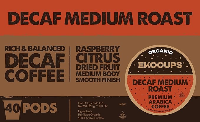 EKOCUPS Organic Swiss Water Decaf Medium Roast Coffee Pods, 30% More Coffee Per Cup, Fair Trade Decaffeinated Coffee for Keurig K Cup Machines, Recyclable Pods, 40 Count