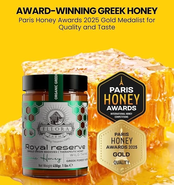 Ellora Farms Organic Honey, Wild Thyme Raw Honey Organic Unfiltered, Preservative and Additive Free, 2025 Paris and Dubai Gold Awards Winner, Gift Pack with Dipper - 450 g
