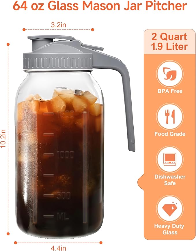 64oz Airtight Glass Pitcher with Lid,2 Quart Wide Mouth Mason Jar Pitchers for Fridge,Leak-proof Iced Tea Dispenser,Large Container for Sun Tea,Juice,Cold Brew Coffee, Storage and Drinks (Black+Gray)