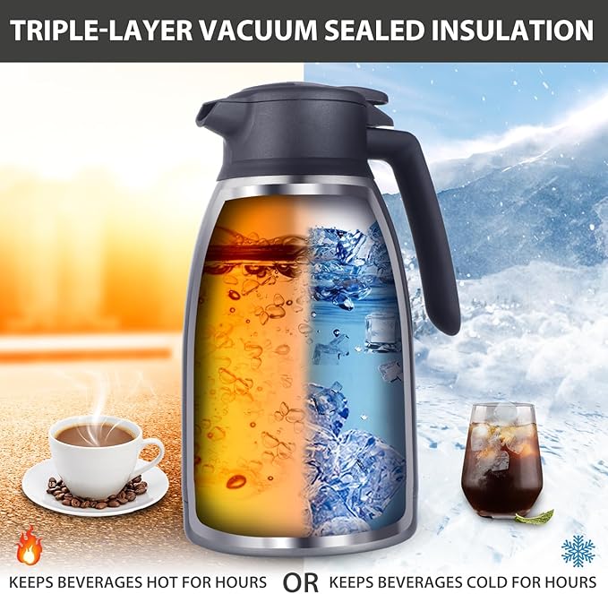 Heritage66 2L Thermal Coffee Carafe with Cleaning Brush – Triple-Wall Vacuum Insulated Stainless Steel Server, Keeps Drinks Hot 12 Hours/Cold 24 Hours, Leak-Proof Lid for Coffee, Tea & Water