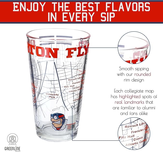 Greenline Goods – University of Dayton Flyers College Pint Beer Glasses (Set of 2), 16 oz – Full-Color Logo + Campus Map