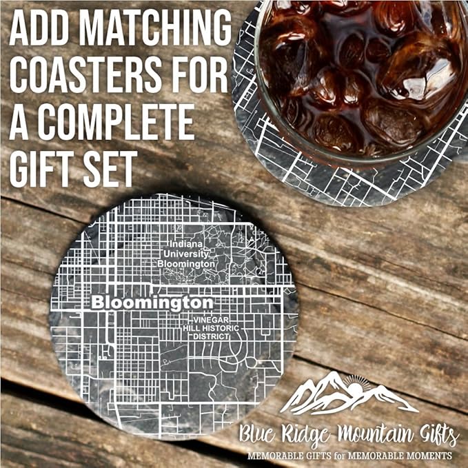 Blue Ridge Mountain Gifts - Bloomington Souvenir - Indiana Glassware Gift, Etched City Map, Laser Engraved and Dishwasher Safe