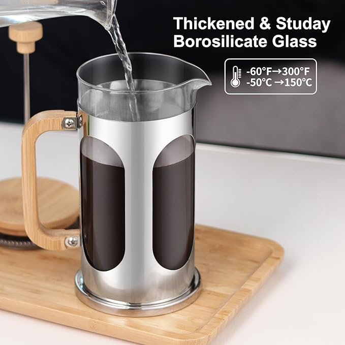 Sivaphe 8 cup French Press Coffee Maker No-Plastic, Borosilicate Glass Bamboo Lid and Handle Coffee Tea Press 34 oz