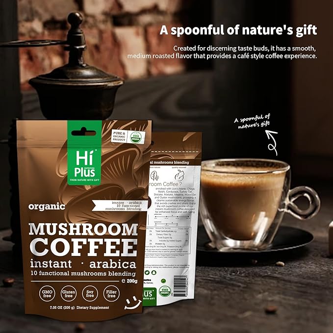 Organic 10-in-1 Mushroom Coffee Powder with Lion’s Mane & Reishi, Instant Arabica Blend for Smooth Energy, Focus & Immune Support, Low-Acid, 80 Servings