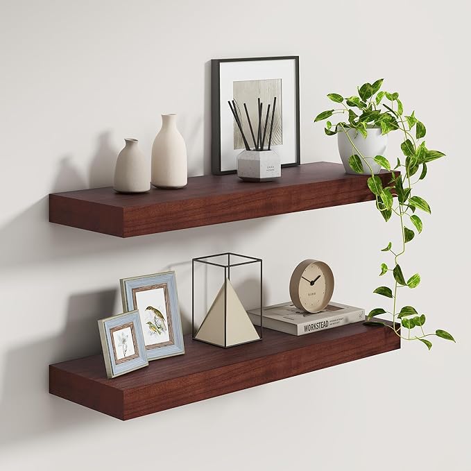 Fun Memories 9 Inch Deep Floating Shelves, Rustic Solid Wood Floating Shelf 30 Inch Long, 30 x 9 Wide Bathroom Shelves for Storage & Display, Red Brown