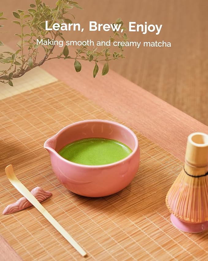 Maestri House Pink Matcha Whisk Set, 7-Pc Complete Matcha Kit with Spouted Ceramic Bowl, Bamboo Whisk and Holder, Scoop, Spoon Rest & Sifter, Tea Cloth – Ideal Gift for Matcha Lovers (Pink)