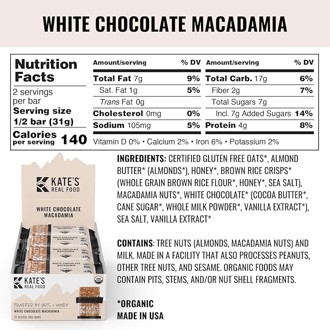Kate’s Real Food Organic Granola Bars – White Chocolate Macadamia (2.2 oz, Pack of 12) - Organic Energy Bars with Non GMO All Soy Free Free Oats