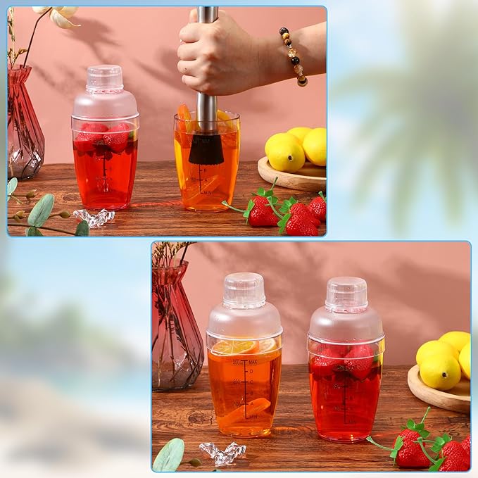 12 Pcs Plastic Cocktail Shaker Drink Mixer with Scales and Strainer Top Clear Shaker Cup with Measurement Plastic Bar Mixing Tool for Tea Coffee Bubble Tea Milk(350 Cc/ 12 oz)