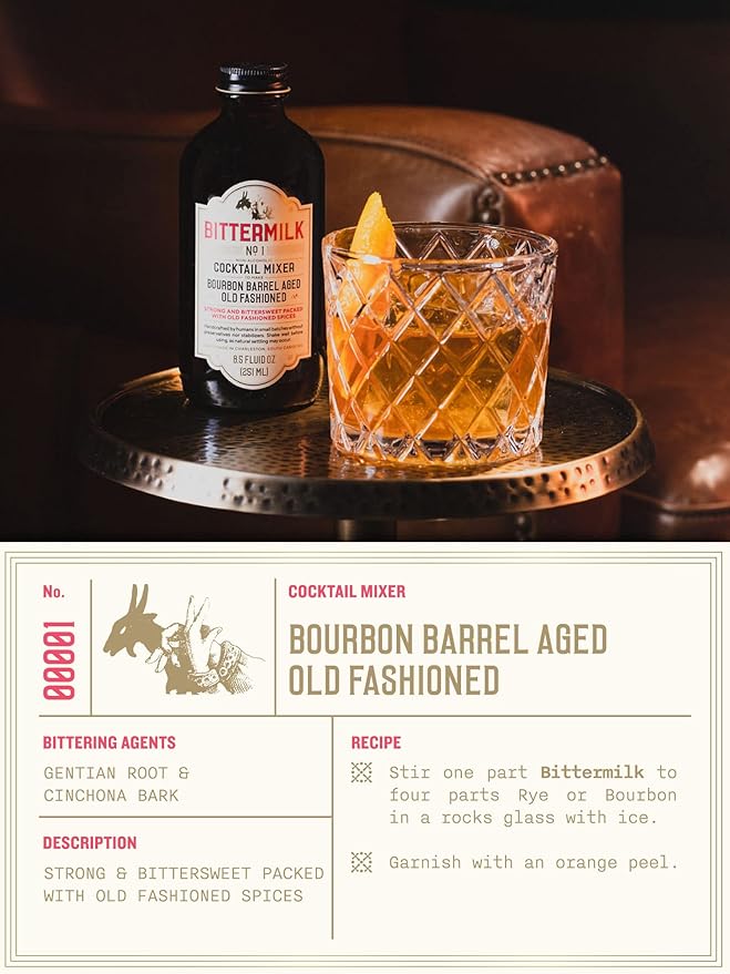 Bittermilk No.1 Bourbon Barrel Aged Old Fashioned Mix - All Natural Handcrafted Cocktail Mixer - Old Fashioned Syrup - More Complex than Bitters & Simple Syrup