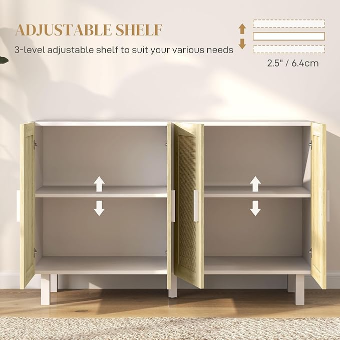 HOMCOM Boho Sideboard Buffet Cabinet, Coffee Bar Cabinet with 4 Rattan Doors and Adjustable Shelves for Kitchen, Living Room, White and Natural