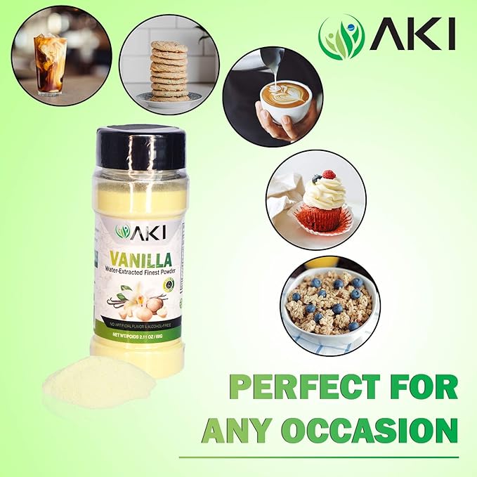 AKI Vanilla Water Extracted Powder From Authentic Beans for Flavoring, Cooking, Baking & Smoothies - Sugar Free & Alcohol Free - Added 2% Monk Fruit Sweetener - Non-GMO & Vegan (2.11oz/60g)
